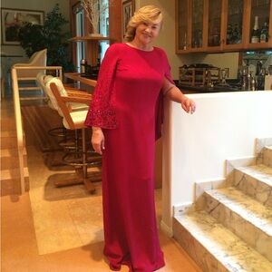 Oscar De La Renta Red Silk Beaded Gown with short Cape